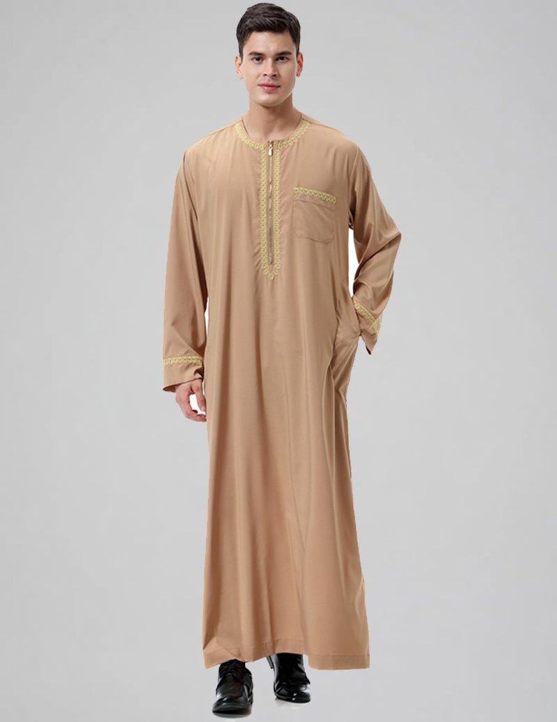 Men's Embroidered Thobe Kandura Long Sleeve Zipper Trim Robe