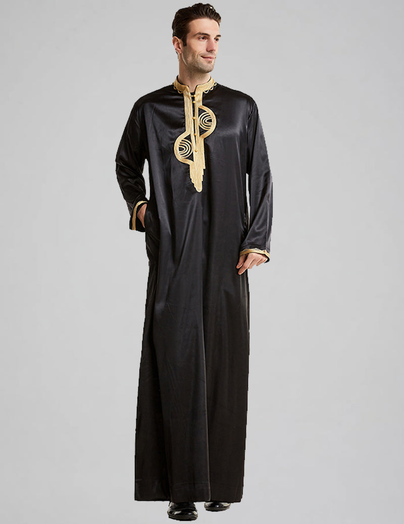 Men's Embroidered Thobe Kandura Long Sleeve Gold Trim Robe