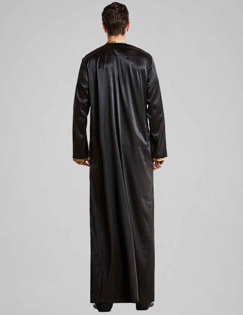 Men's Embroidered Thobe Kandura Long Sleeve Gold Trim Robe