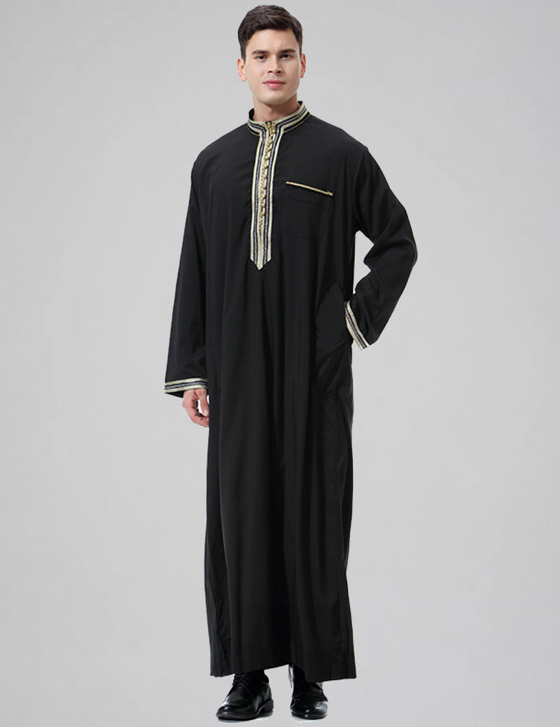 Men's Embroidered Thobe Kandura Long Sleeve Robe with Gold Trim