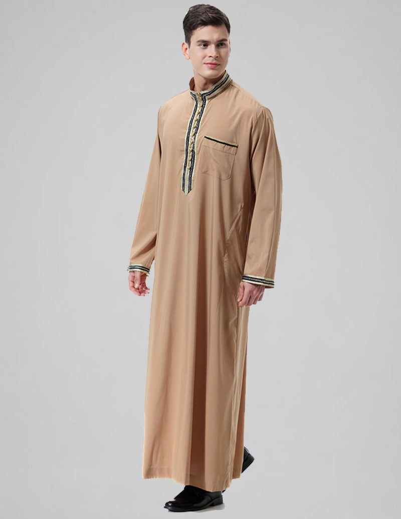 Men's Embroidered Thobe Kandura Long Sleeve Robe with Gold Trim