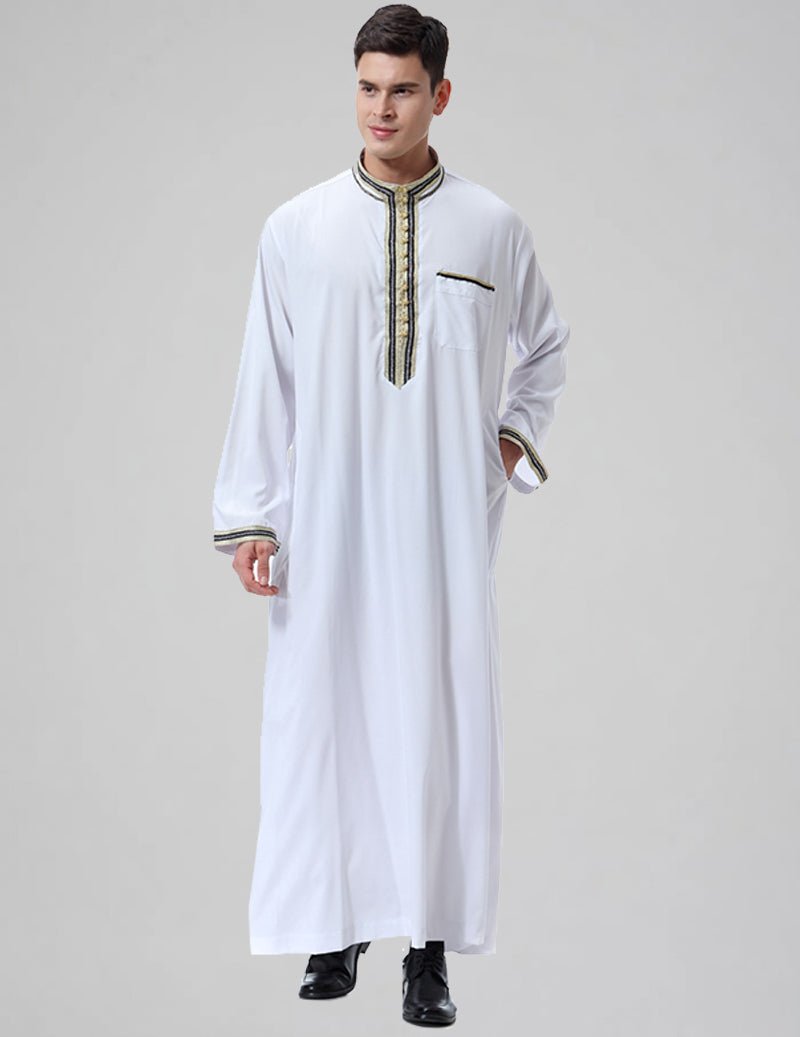 Men's Embroidered Thobe Kandura Long Sleeve Robe with Gold Trim
