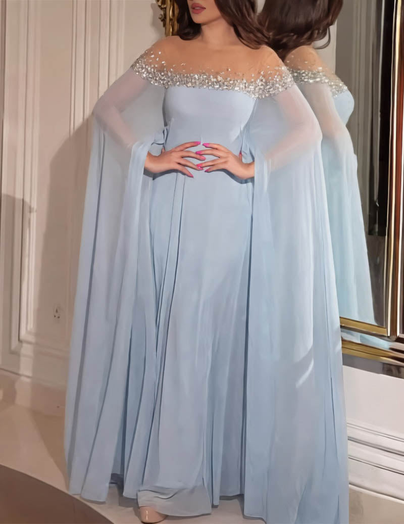 Off Shoulder Beaded Cape Sleeve Evening Gown Party Dress