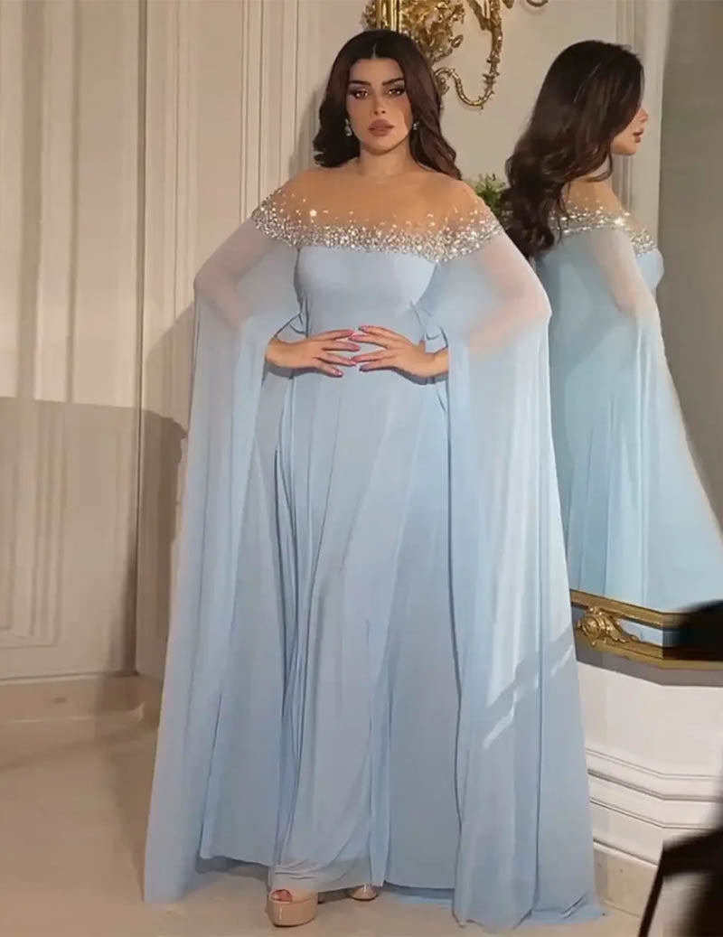 Off Shoulder Beaded Cape Sleeve Evening Gown Party Dress