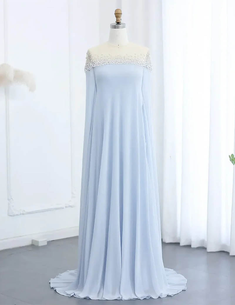 Off Shoulder Beaded Cape Sleeve Evening Gown Party Dress