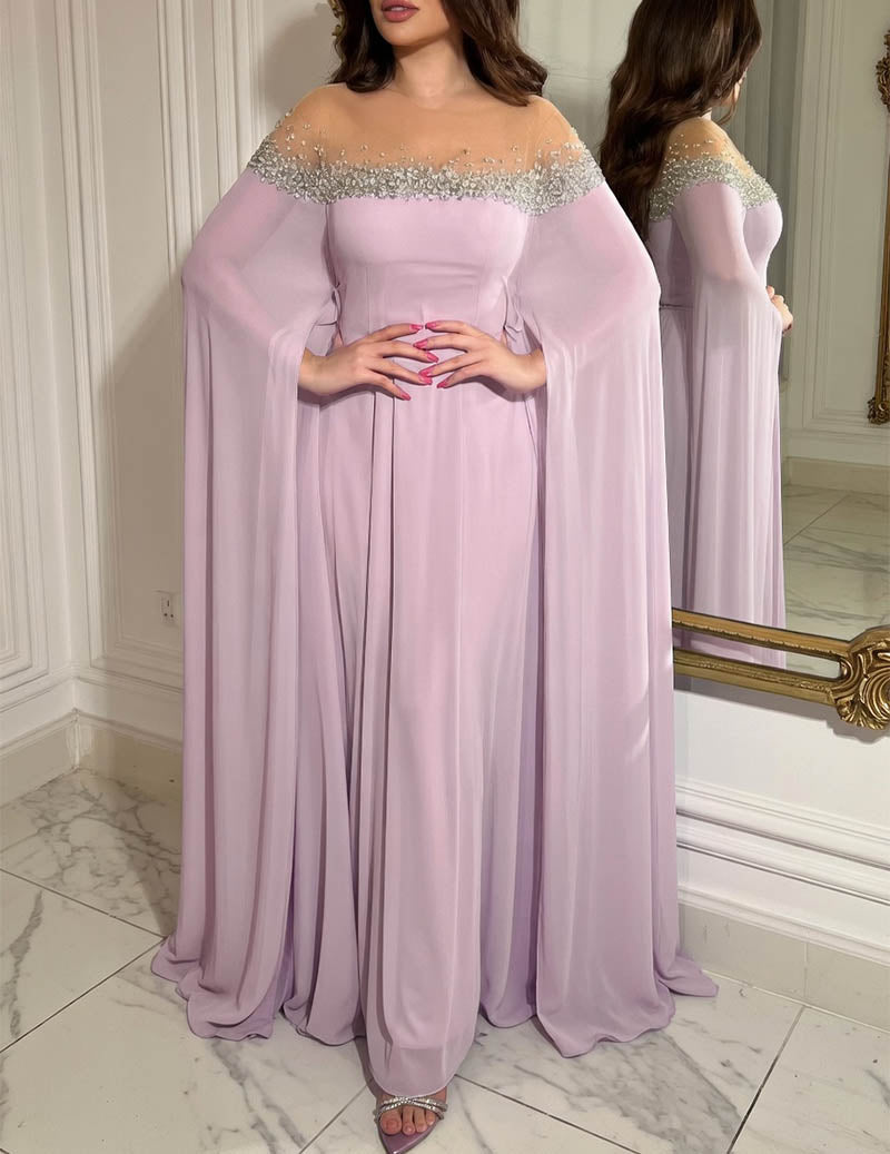 Off Shoulder Beaded Cape Sleeve Evening Gown Party Dress