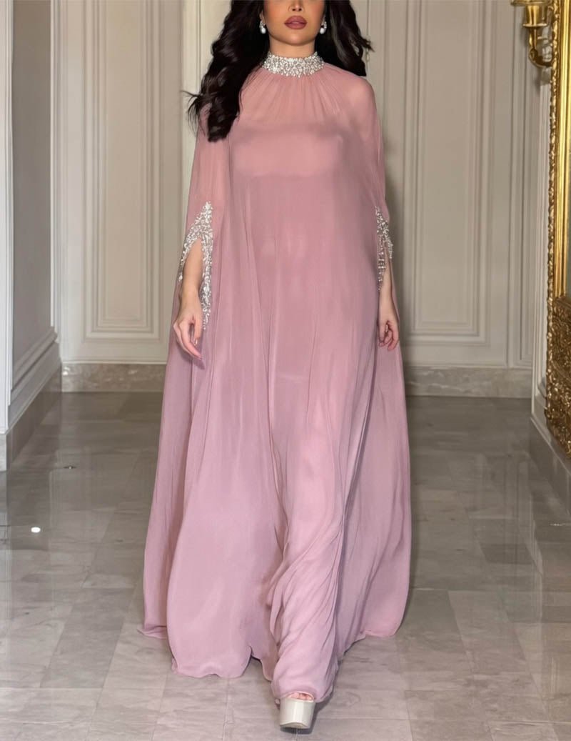 High Neck Beaded Cape Evening Gown Elegant Formal Dress