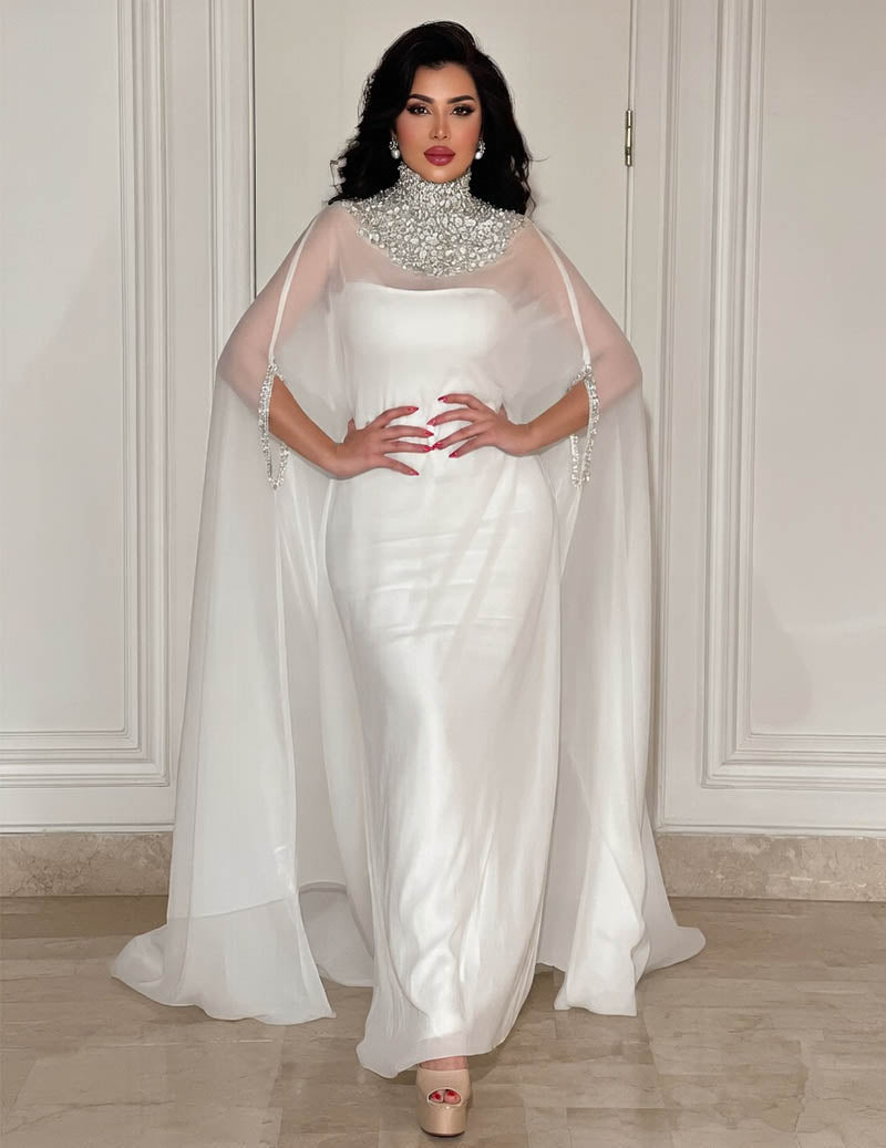 High Neck Beaded Cape Evening Gown Elegant Formal Dress