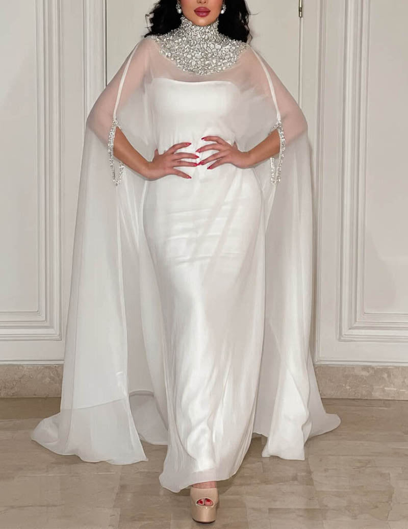 High Neck Beaded Cape Evening Gown Elegant Formal Dress