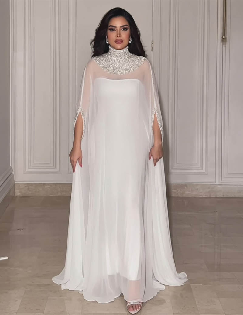 High Neck Beaded Cape Evening Gown Elegant Formal Dress