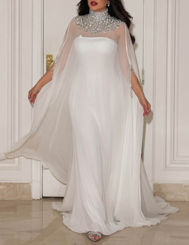 High Neck Beaded Cape Evening Gown Elegant Formal Dress