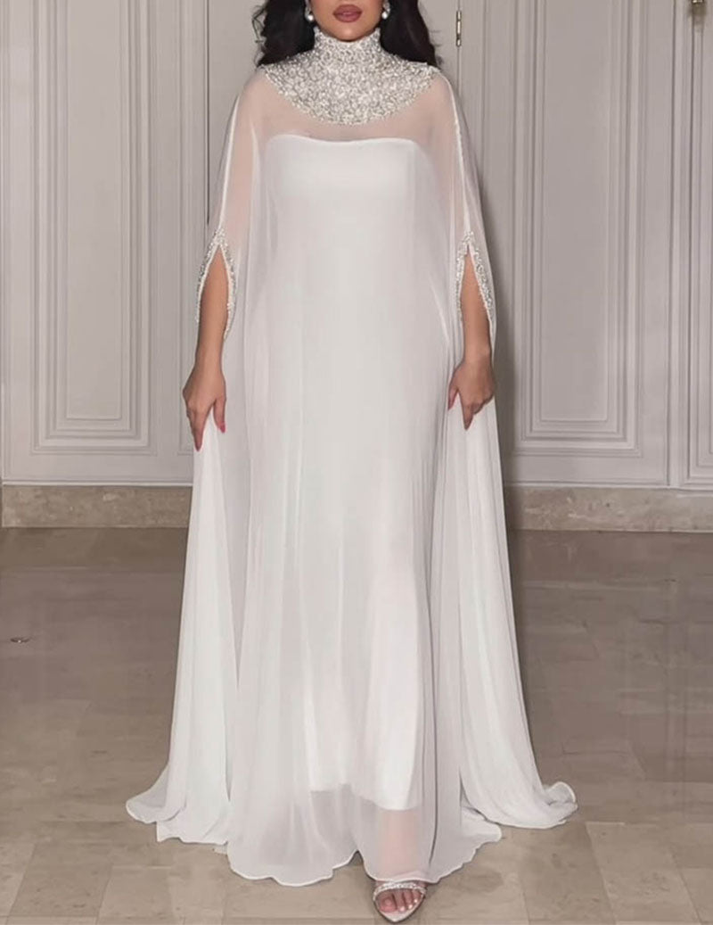 High Neck Beaded Cape Evening Gown Elegant Formal Dress