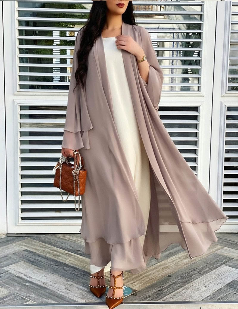 Chiffon Long Open Front Cardigan Sheer Ruffled Kimono Robe