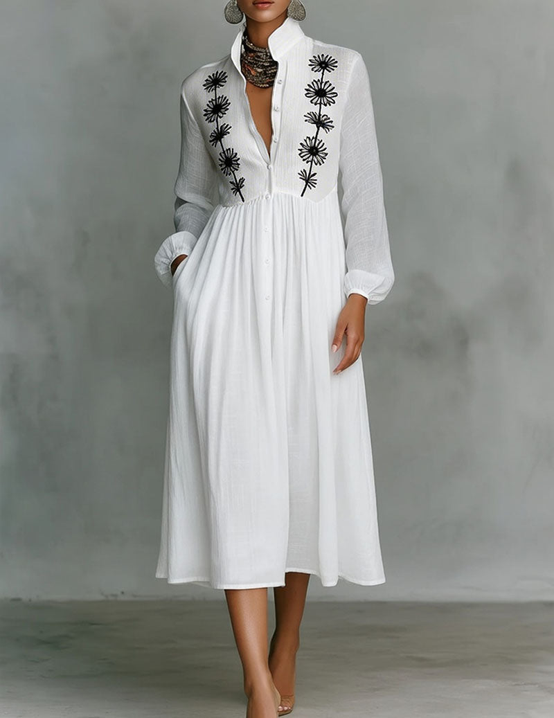 Boho Linen Dress Floral Embroidered Stand Collar Midi Shirt Dress