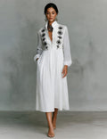 Boho Linen Dress Floral Embroidered Stand Collar Midi Shirt Dress
