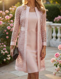Floral Lace Long Cardigan & Sheath Dress Set Elegant Two Piece Outfit