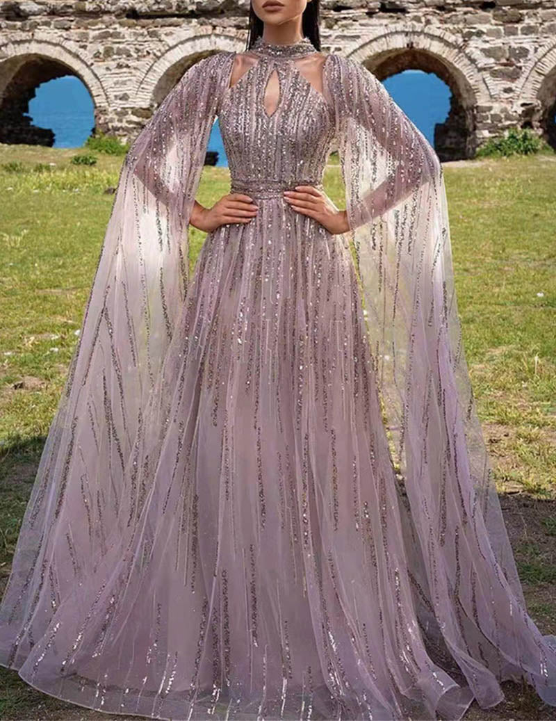 Sequin Cape Sleeve Evening Gown Sparkly Tulle Formal Flowing Dress