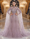 Sequin Cape Sleeve Evening Gown Sparkly Tulle Formal Flowing Dress