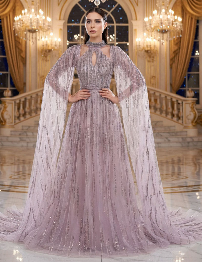Sequin Cape Sleeve Evening Gown Sparkly Tulle Formal Flowing Dress