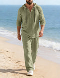 Men's Cotton Linen Hooded Shirt Wide-Leg Drawstring Pants Set