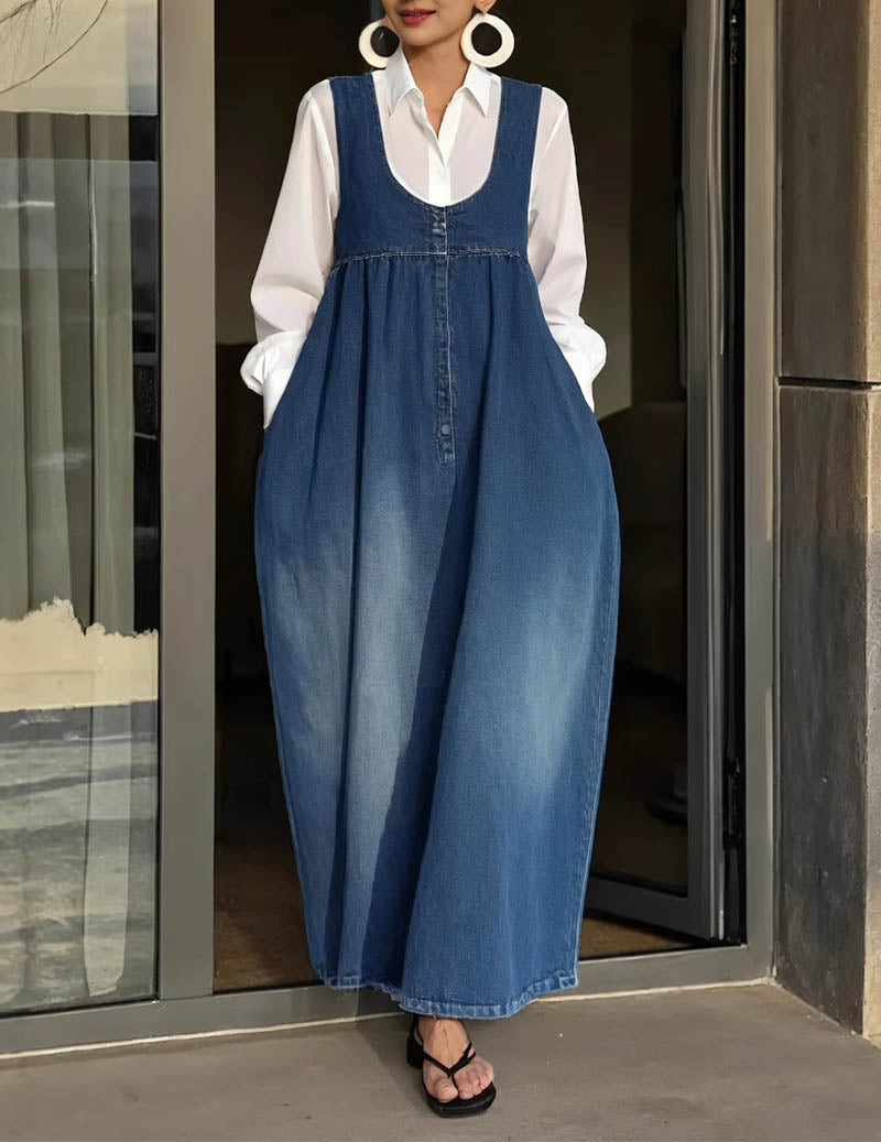 Denim Maxi Dress Loose Fit Sleeveless Overall Casual Sundress