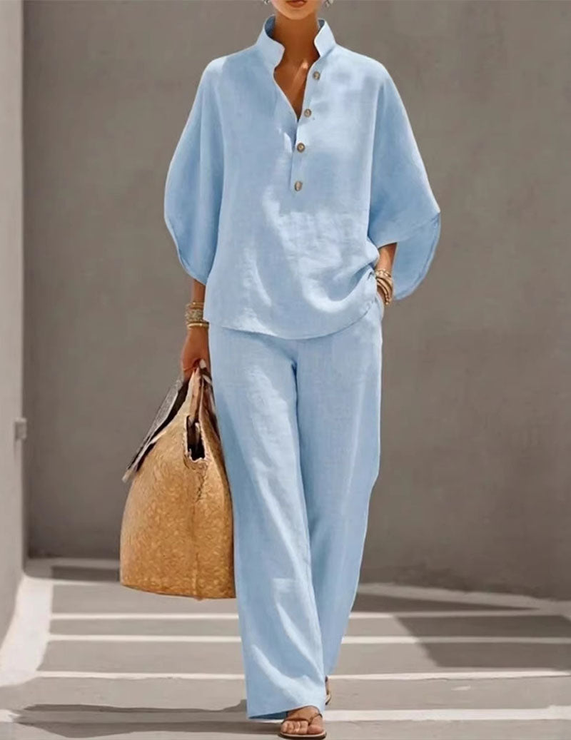 Linen Two Piece Set Mandarin Collar Batwing Sleeve Top & Wide Leg Pants