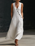Linen Sleeveless V-Neck Button Down Midi Dress Sundress with Pockets