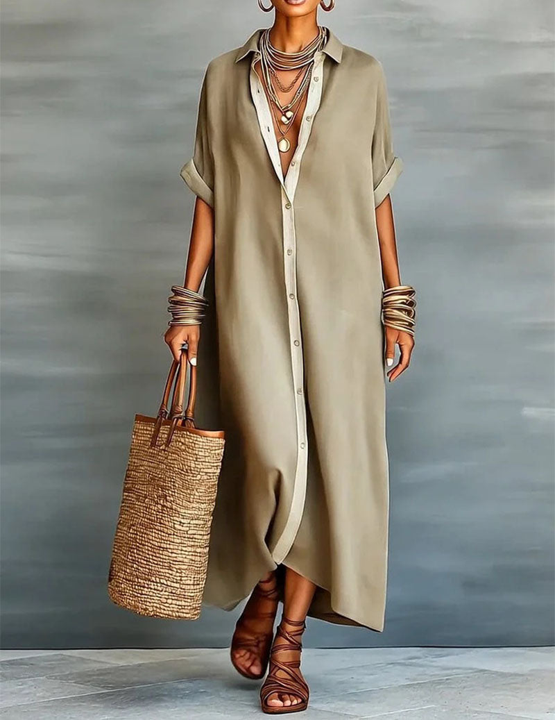 Oversized Button Down Shirt Dress Casual Collared Contrast Dress