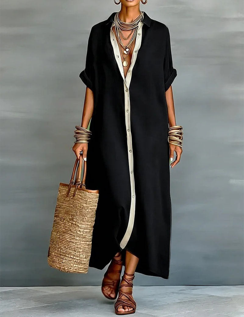 Oversized Button Down Shirt Dress Casual Collared Contrast Dress