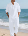 Men's Linen Henley Long Sleeve Shirt and Pants Set