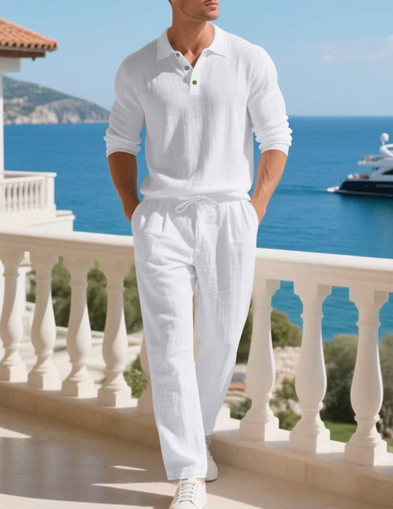 Men's Linen Collared Henley Long Sleeve Shirt and Pants Set