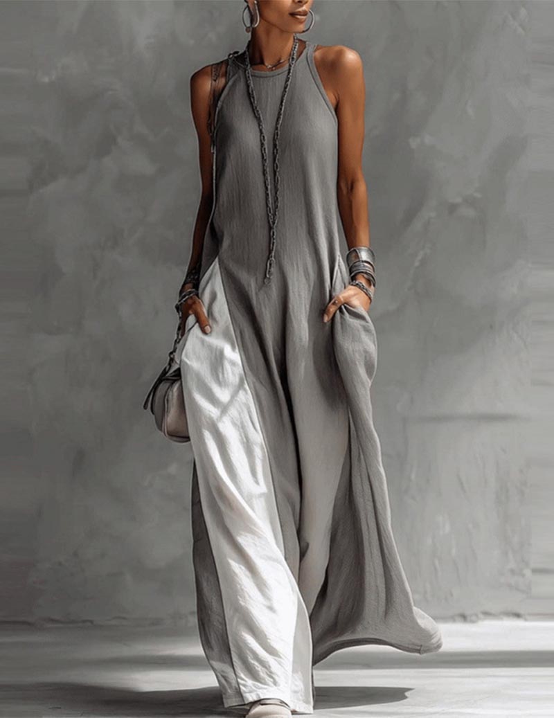 Asymmetric Sleeveless Color-block Side Slit Maxi Dress