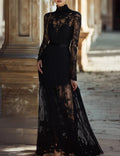 Lace Maxi Dress Long Sleeve Sheer Floral Lace Evening Gown Formal Dress
