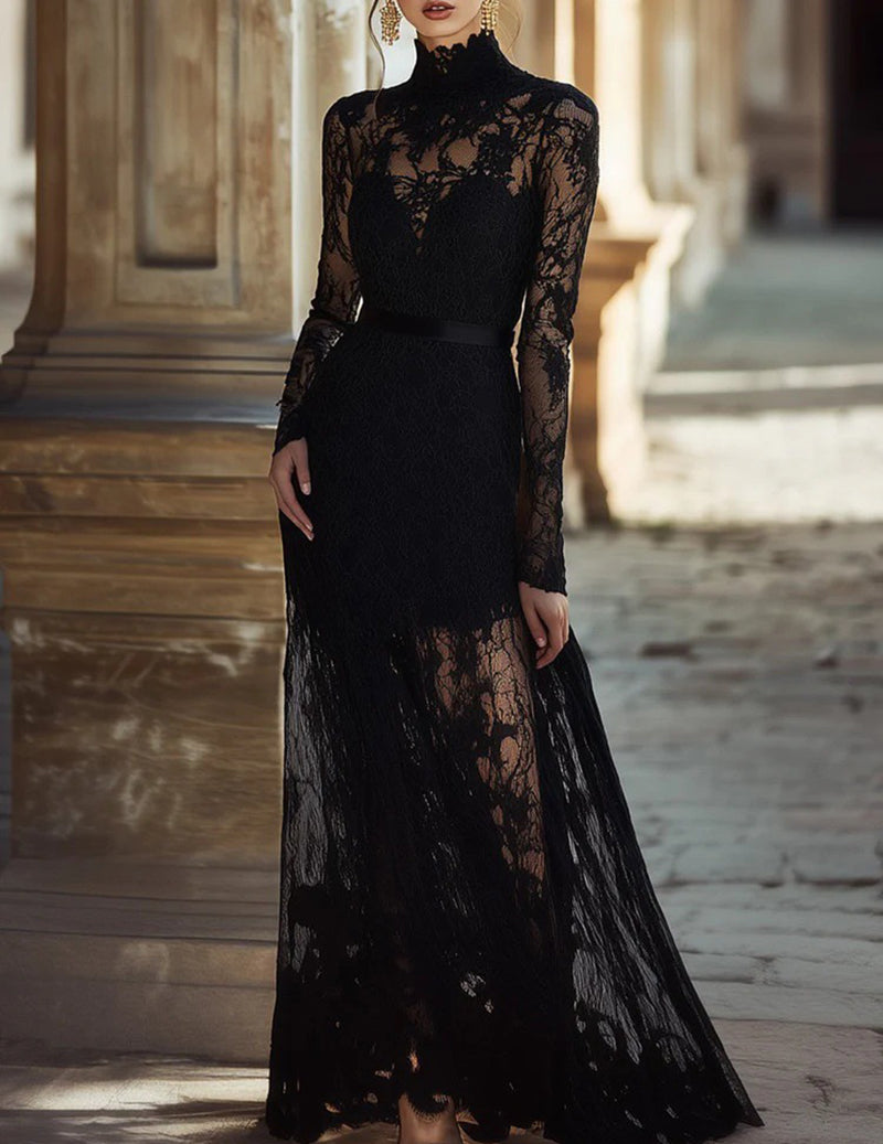 Lace Maxi Dress Long Sleeve Sheer Floral Lace Evening Gown Formal Dress