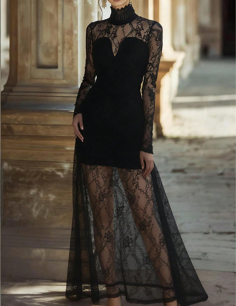 Lace Maxi Dress Long Sleeve Sheer Floral Lace Evening Gown Formal Dress