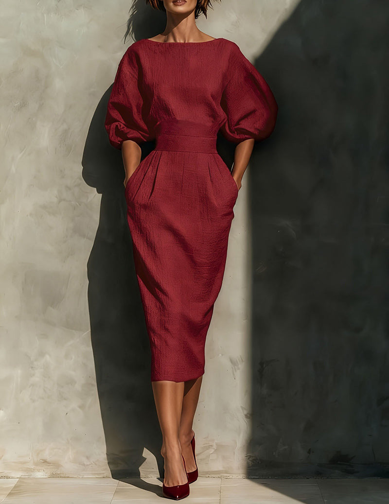 Linen Puff Sleeve Boat Neck Midi Dress Elegant Balloon Sleeve Textured Pleated Dress