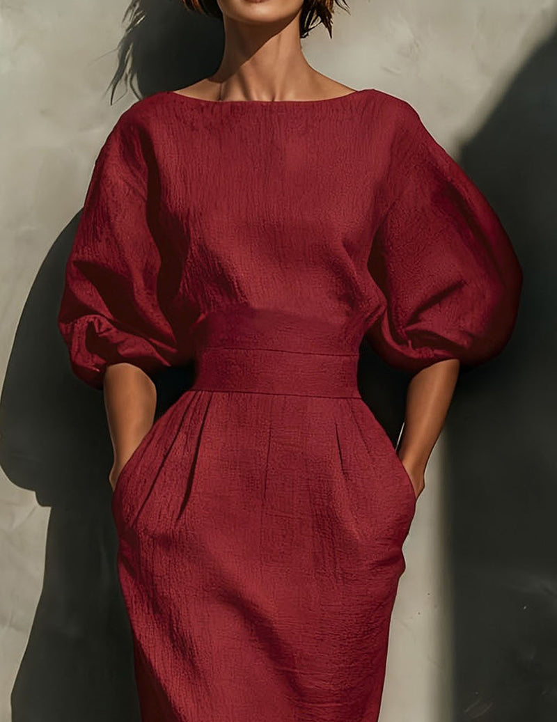 Linen Puff Sleeve Boat Neck Midi Dress Elegant Balloon Sleeve Textured Pleated Dress