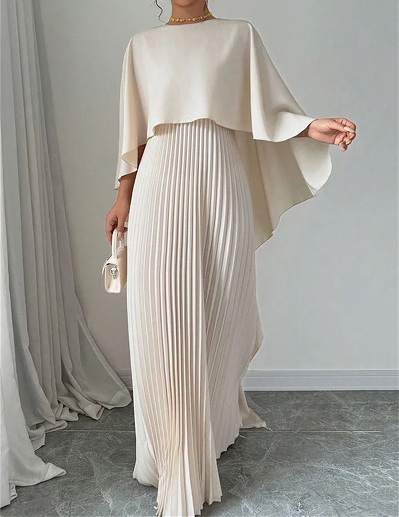 Batwing Sleeve Pleated Maxi Dress Elegant Cape Overlay Asymmetrical Hem Formal Gown