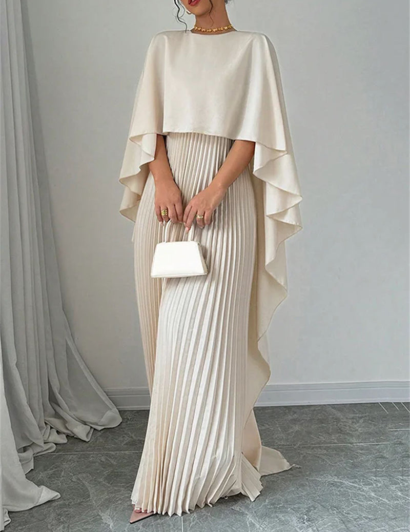 Batwing Sleeve Pleated Maxi Dress Elegant Cape Overlay Asymmetrical Hem Formal Gown