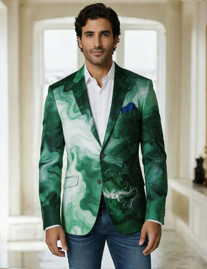 Men's Green Marble Print Blazer â€?Slim Fit Luxury Swirl Pattern Suit Jacket