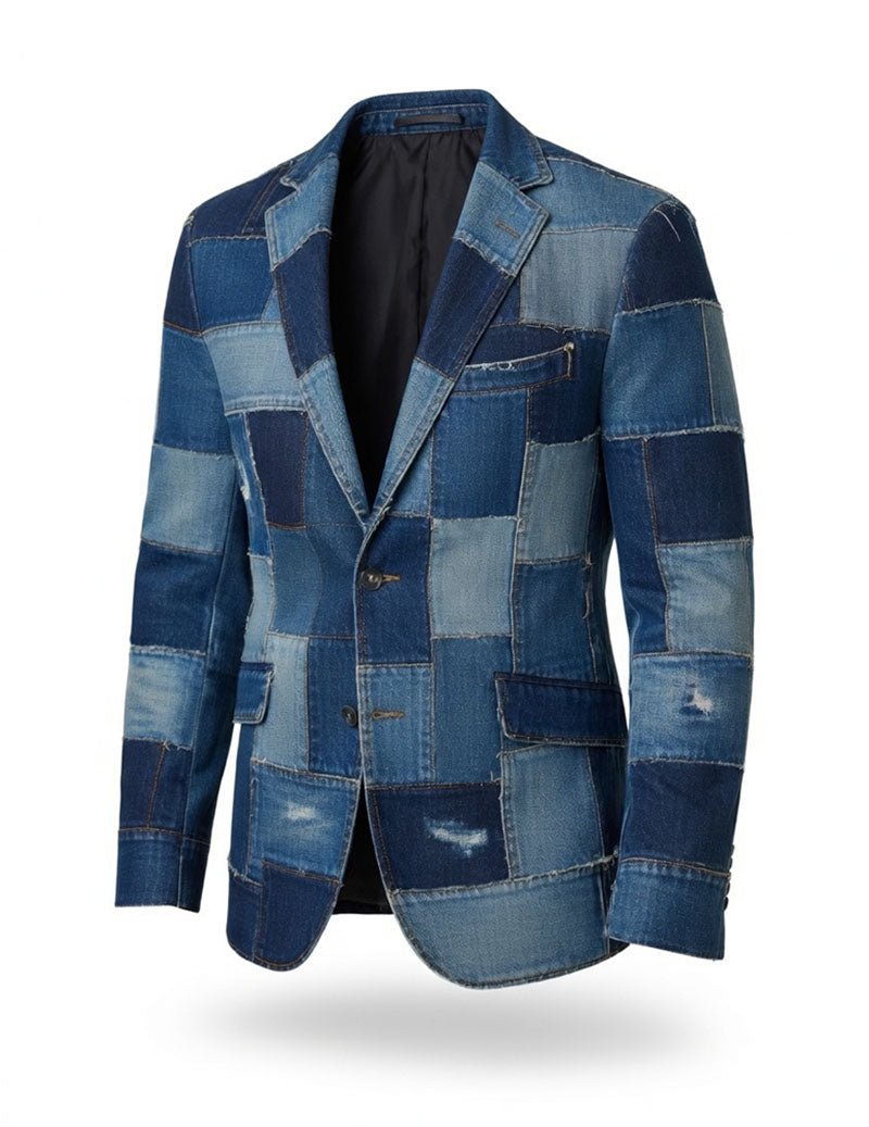 Men's Patchwork Denim Blazer â€?Slim Fit Blue Denim Patchwork Suit Jacket