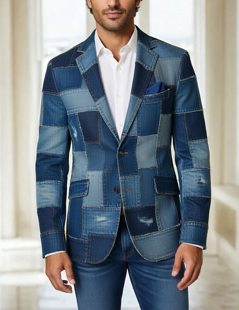 Men's Patchwork Denim Blazer â€?Slim Fit Blue Denim Patchwork Suit Jacket