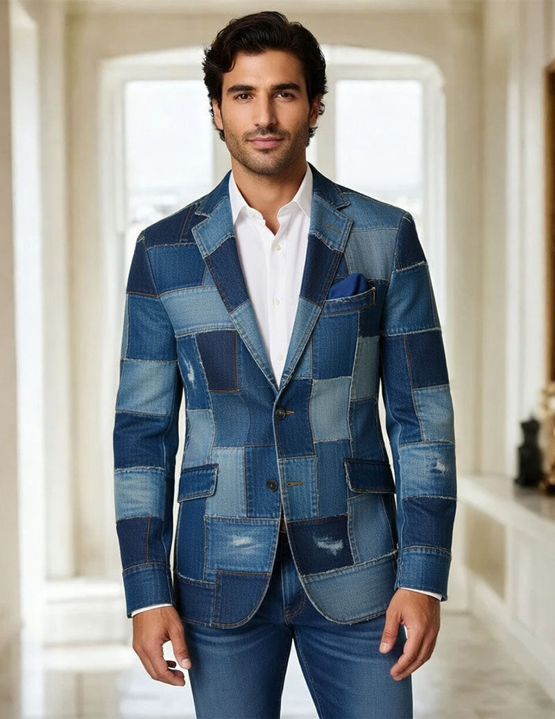 Men's Patchwork Denim Blazer â€?Slim Fit Blue Denim Patchwork Suit Jacket