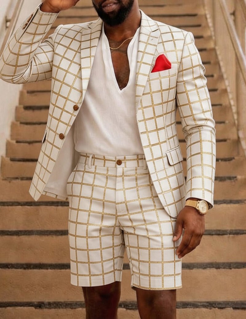 Men's Checkered Formal Blazer and Shorts Two Piece Suit Set