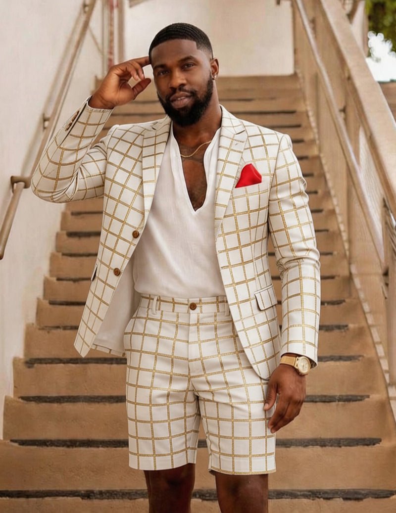 Men's Checkered Formal Blazer and Shorts Two Piece Suit Set