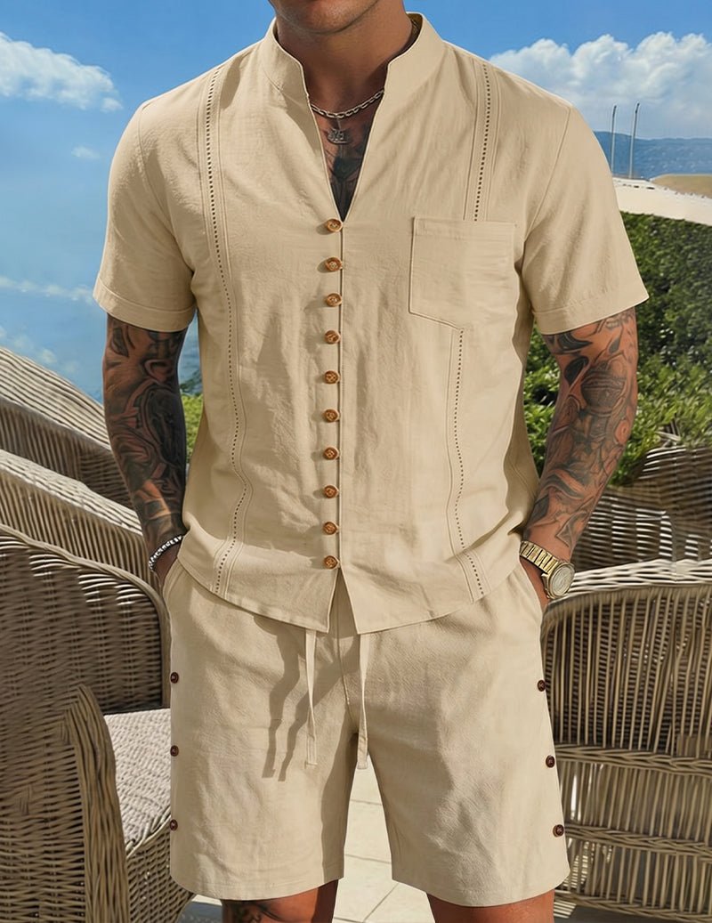 Men's Casual Mandarin Collar Short Sleeve Shirt and Shorts Set