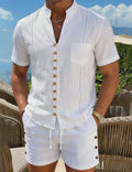 Men's Casual Mandarin Collar Short Sleeve Shirt and Shorts Set