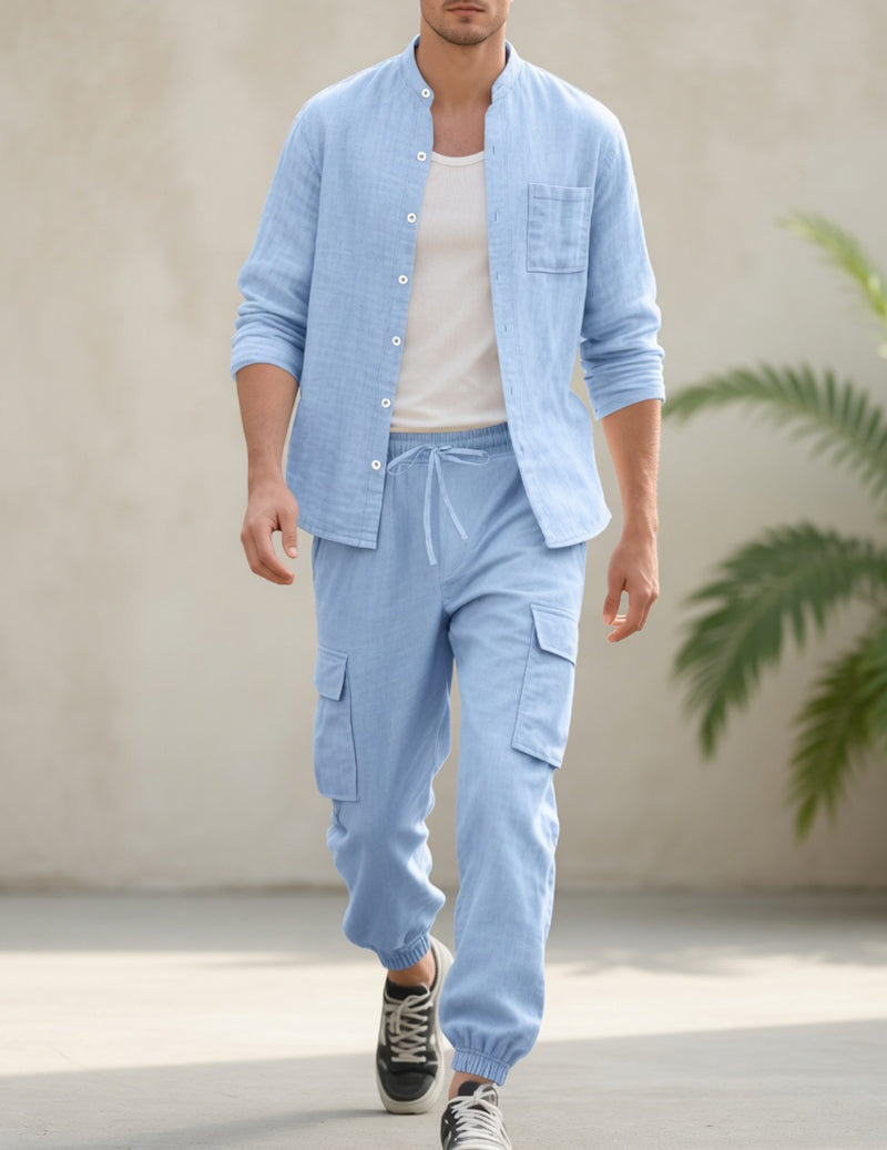 Men's Casual Linen Mandarin Collar Long Sleeve Shirt and Cargo Pants Two Piece Set