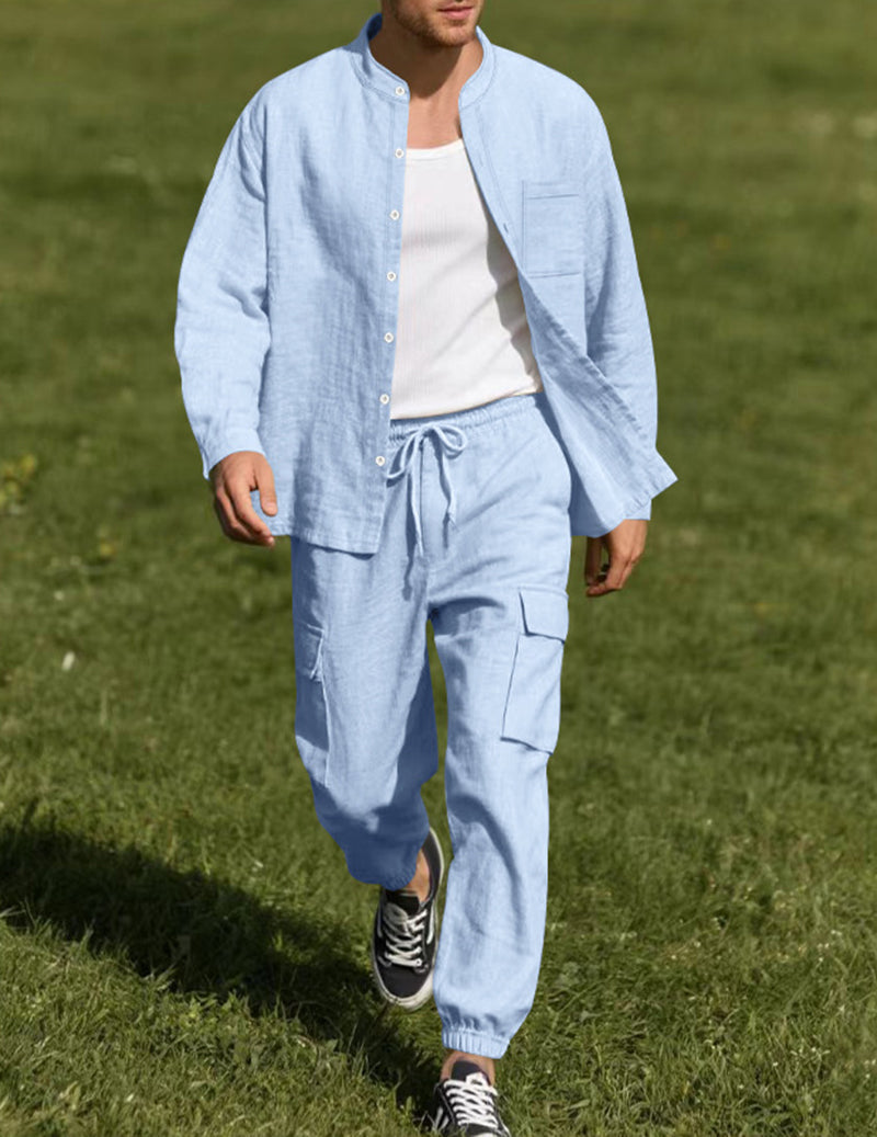 Men's Casual Linen Mandarin Collar Long Sleeve Shirt and Cargo Pants Two Piece Set