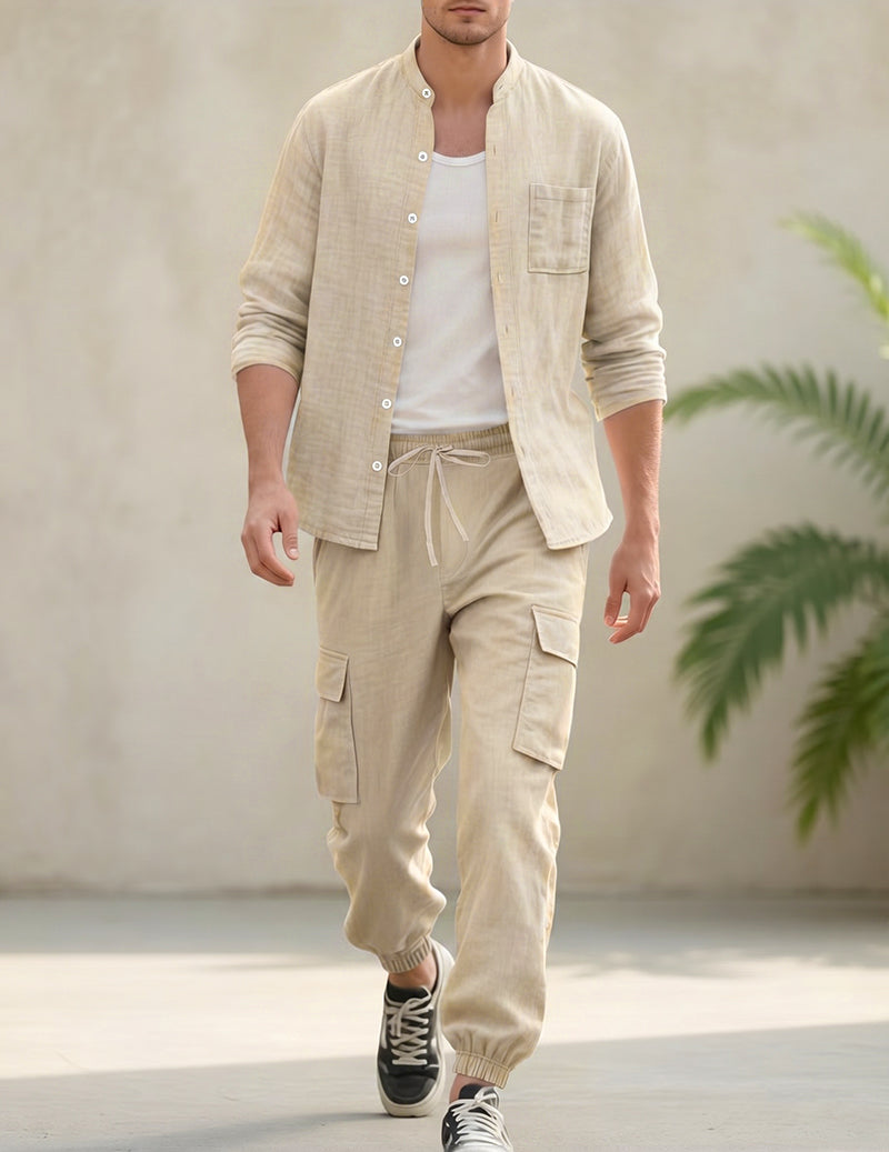 Men's Casual Linen Mandarin Collar Long Sleeve Shirt and Cargo Pants Two Piece Set